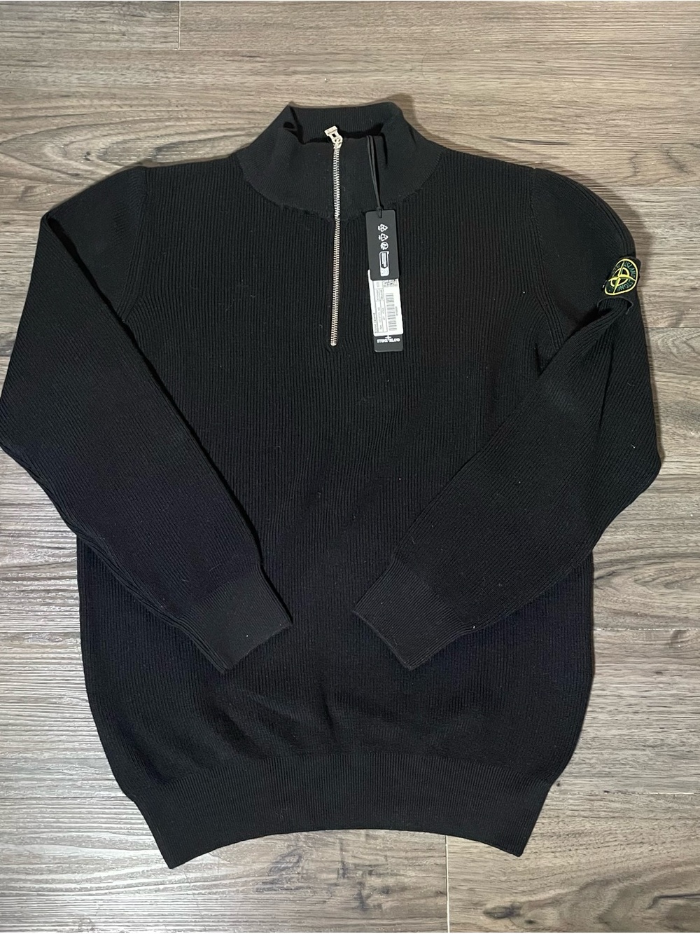 Stone Island Black Half-Zip Ribbed Knit Sweater with Sleeve Badge